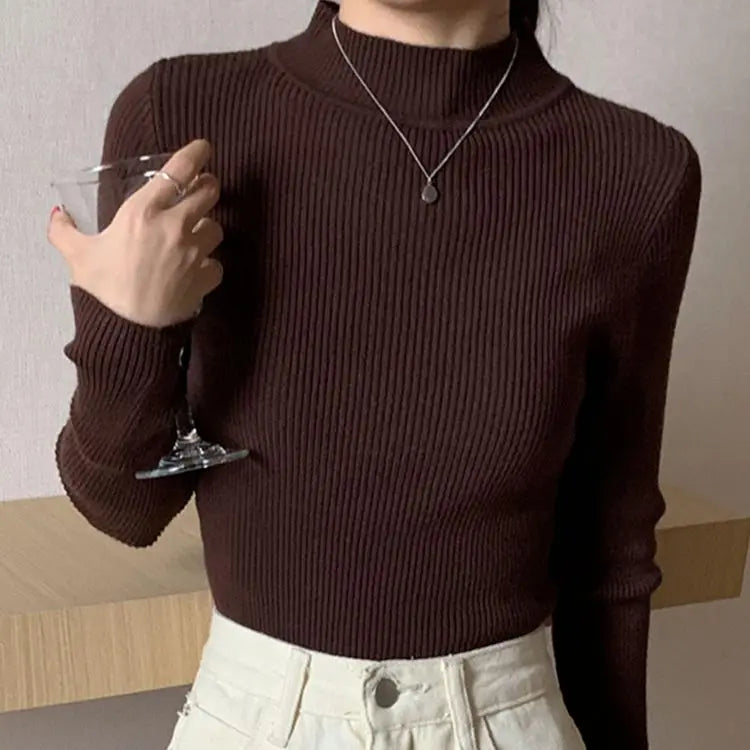 Winter Mock Neck Basic Solid Knitted Tops