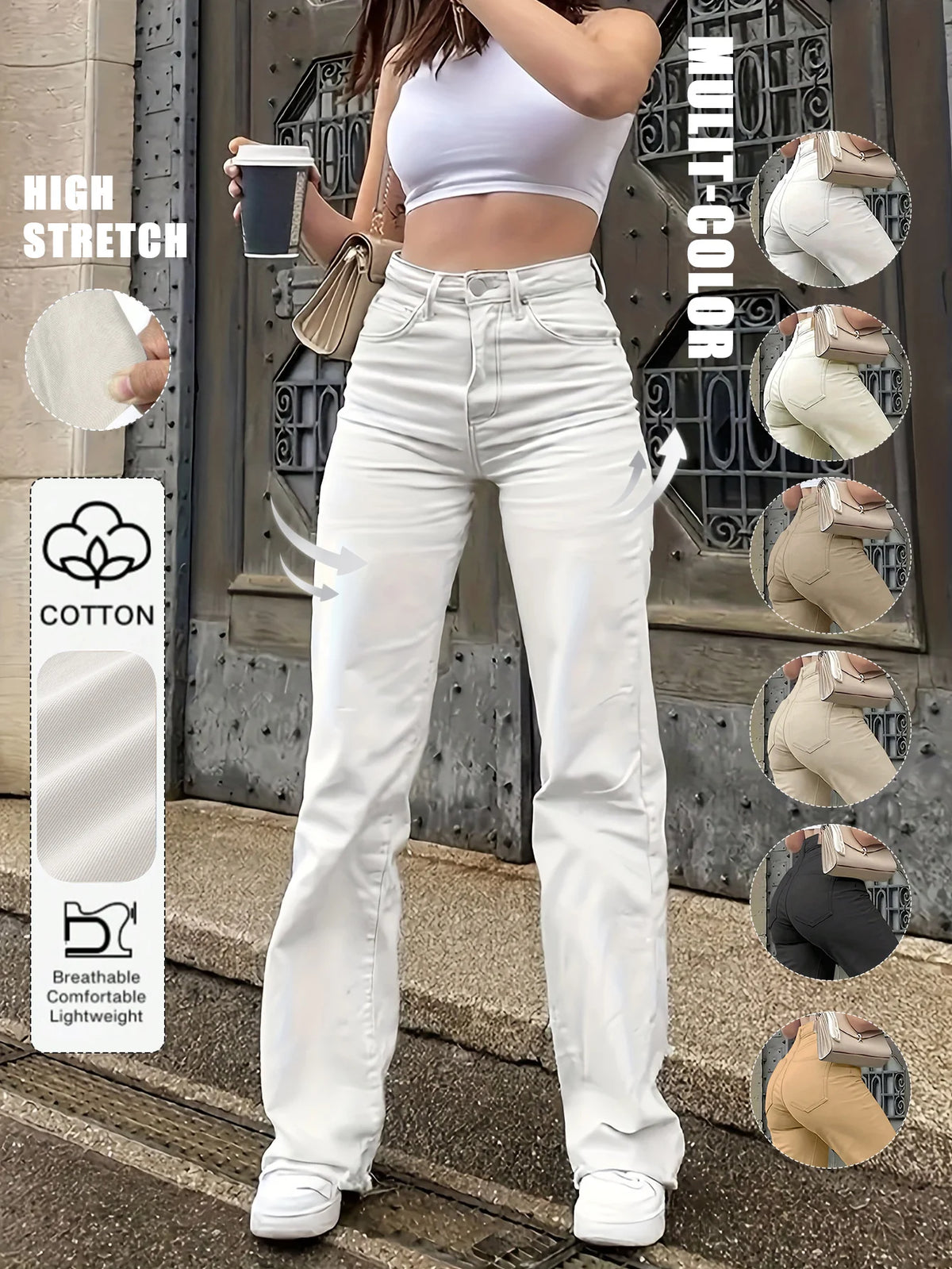 Women's Solid Color Simple Daily Elegant Narrow Straight Pants Women's Casual White Straight Jeans