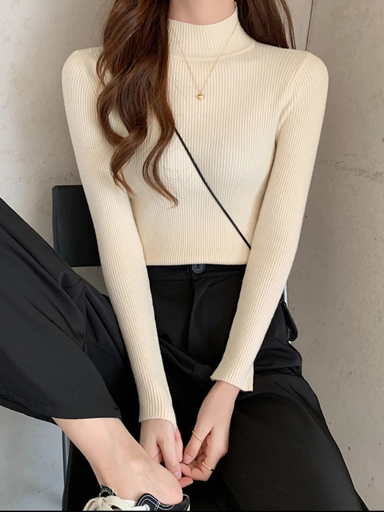 Winter Mock Neck Basic Solid Knitted Tops