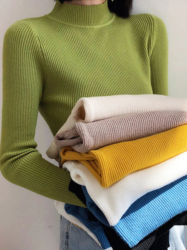 Winter Mock Neck Basic Solid Knitted Tops