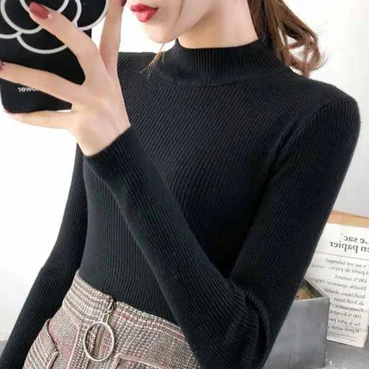Winter Mock Neck Basic Solid Knitted Tops