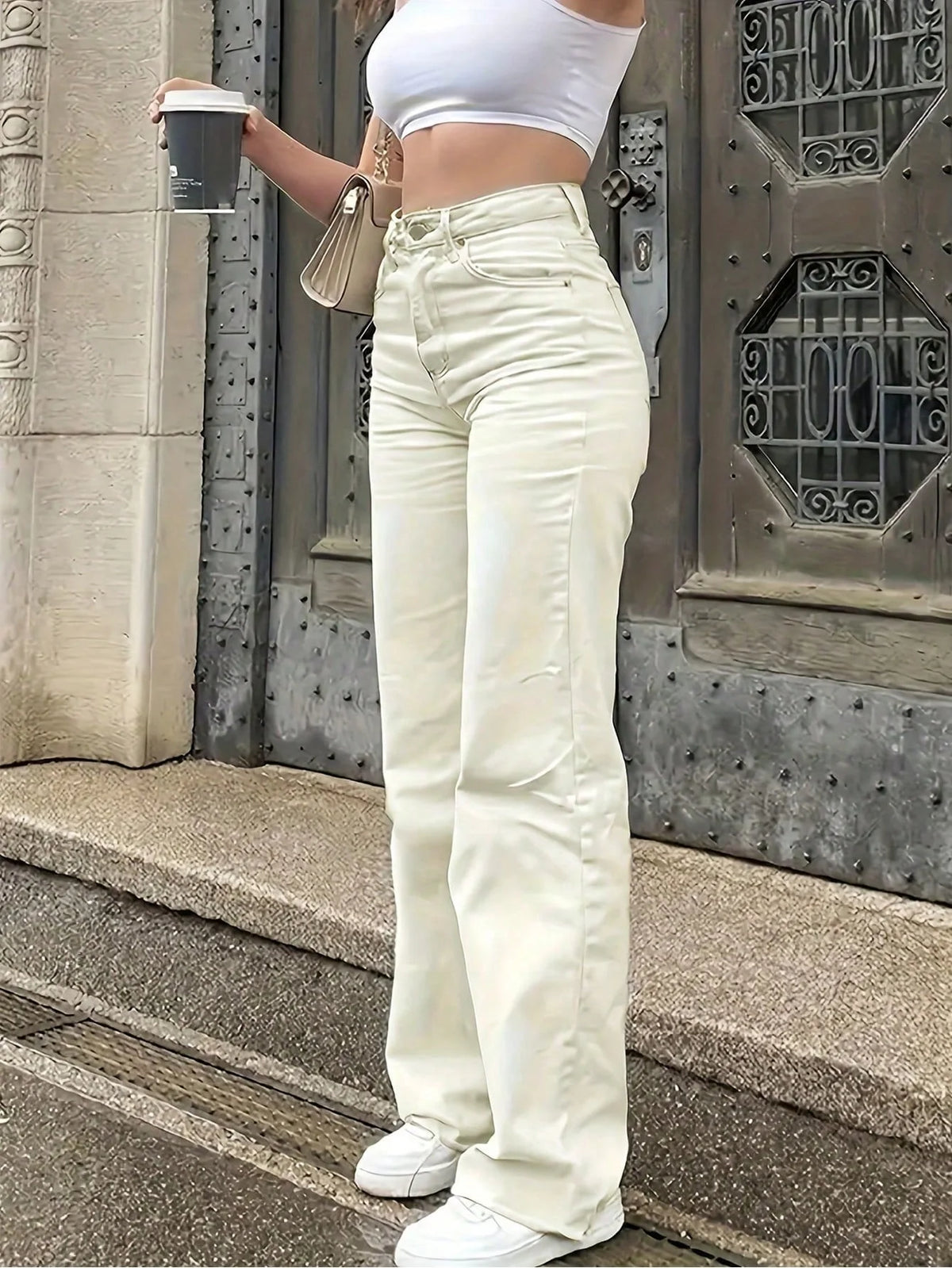 Women's Solid Color Simple Daily Elegant Narrow Straight Pants Women's Casual White Straight Jeans